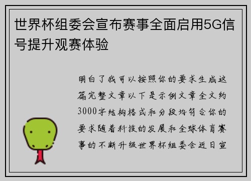 世界杯组委会宣布赛事全面启用5G信号提升观赛体验